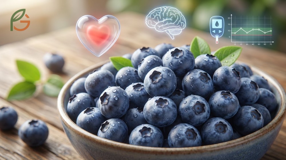 Nutritional value of blueberries per cup containing 84 calories and powerful anthocyanins.