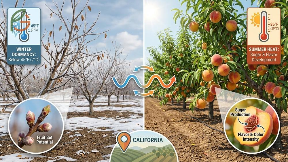 Peach trees require specific winter chill hours between four hundred and one thousand hours to set fruit properly in spring.
