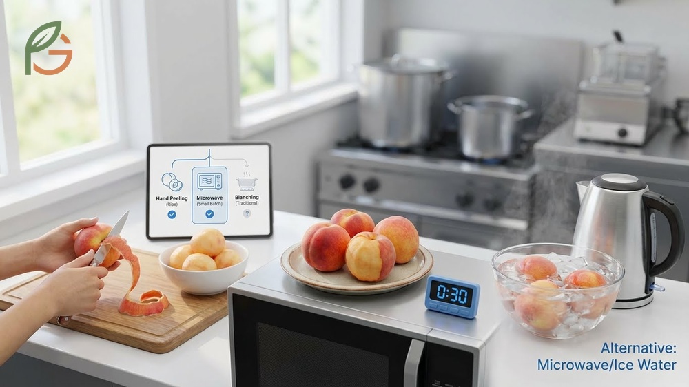 How to peel peaches without boiling by using a microwave for 60 seconds total time instead of a water bath.