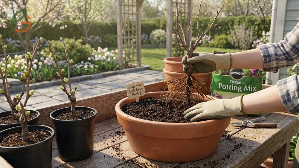 Planting grapes in containers involves using a loam based potting mix and positioning the vine at its original depth.