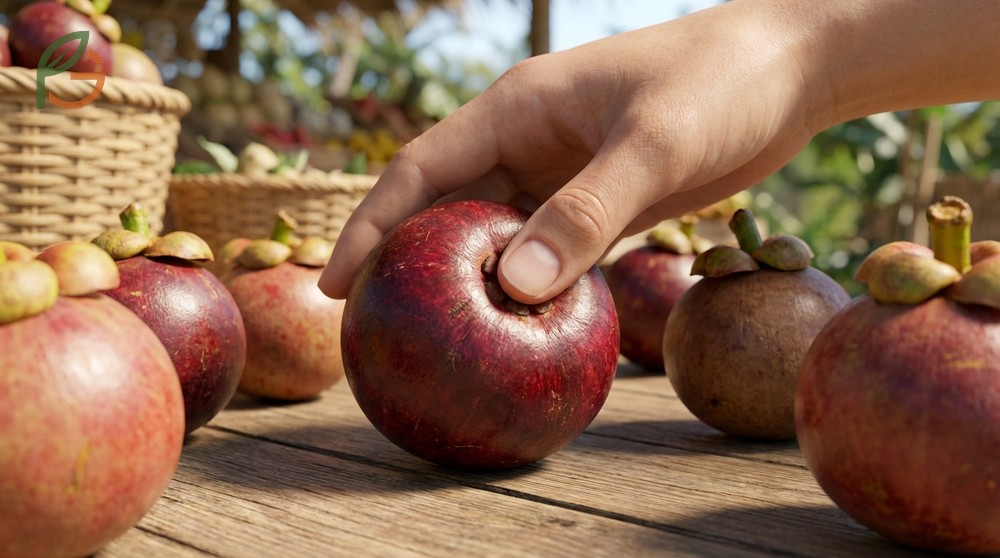 Selecting ripe mangosteen requires checking for a yielding purple rind and intact green calyx at the stem.