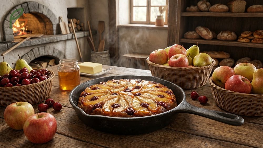 Traditional cast iron skillet used for baking upside down cakes dating back to medieval culinary traditions.