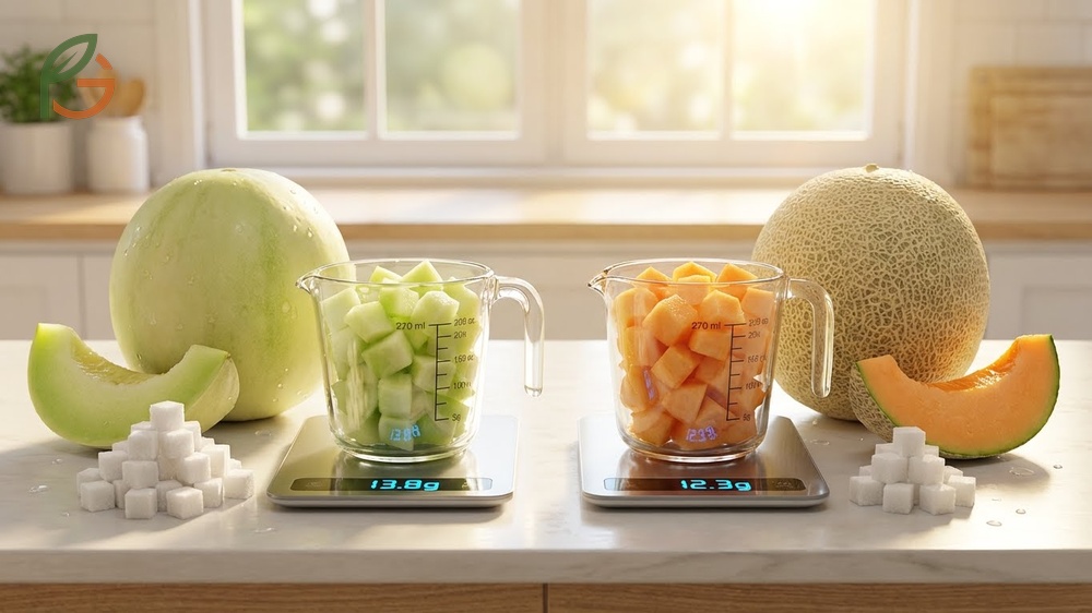 Sugar content honeydew vs cantaloupe showing honeydew has 13.8g sugar per cup compared to 12.3g in cantaloupe.