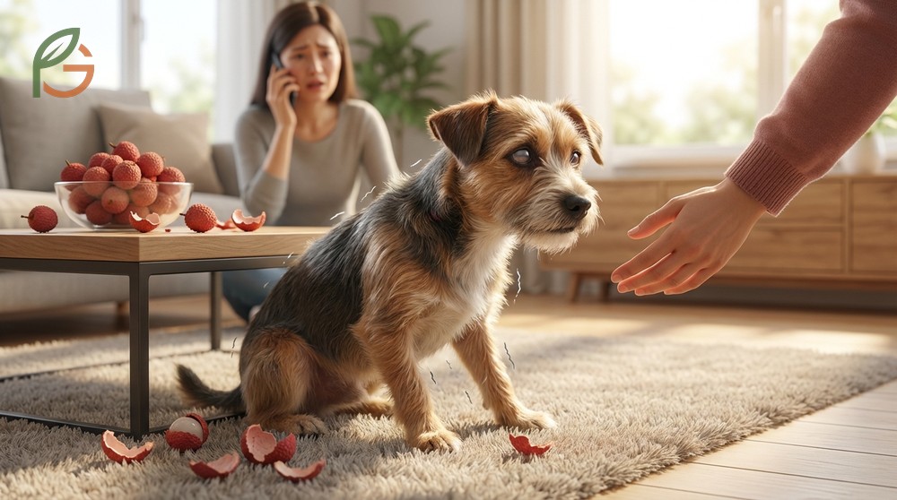 Symptoms of lychee toxicity in dogs include weakness and seizures appearing within 2-4 hours due to rapid hypoglycemic encephalopathy.