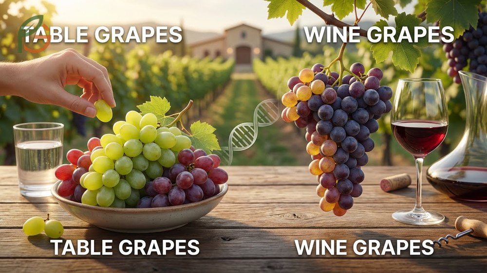 Table grapes vs wine grapes physical structure comparison showing larger berries for fresh eating.
