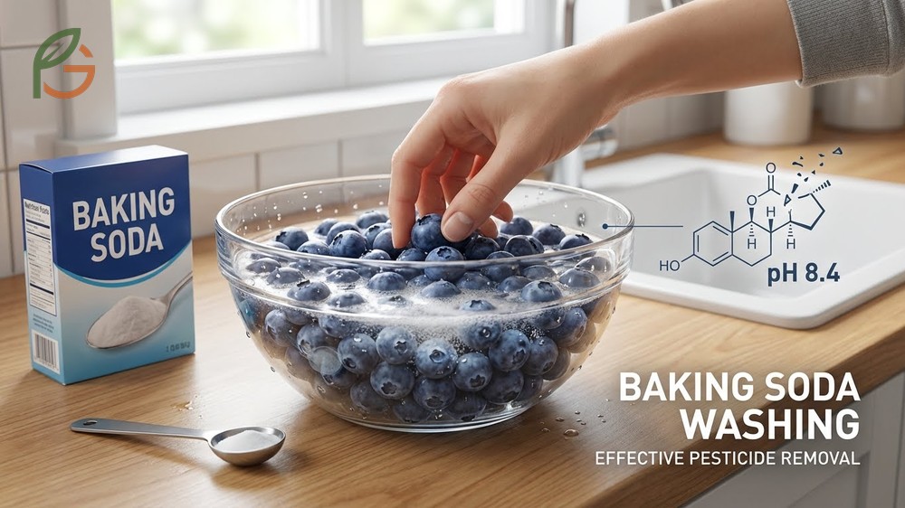 How to wash blueberries with baking soda by soaking in an alkaline solution for 15 minutes to break down and remove stubborn pesticide residues.