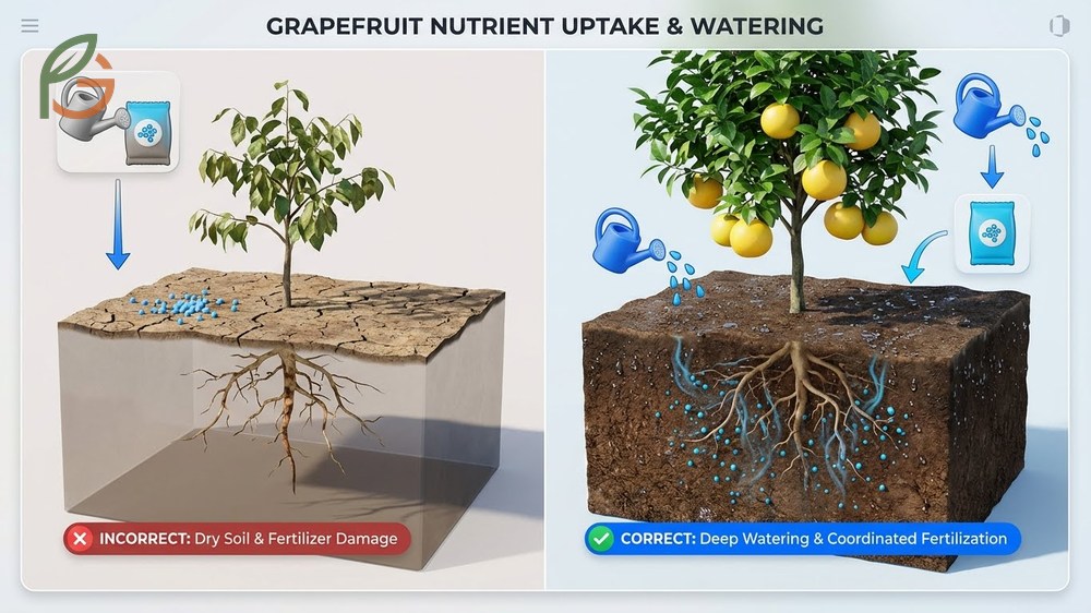 Watering and fertilizing grapefruit trees needs deep weekly irrigation and nitrogen application before blooming.
