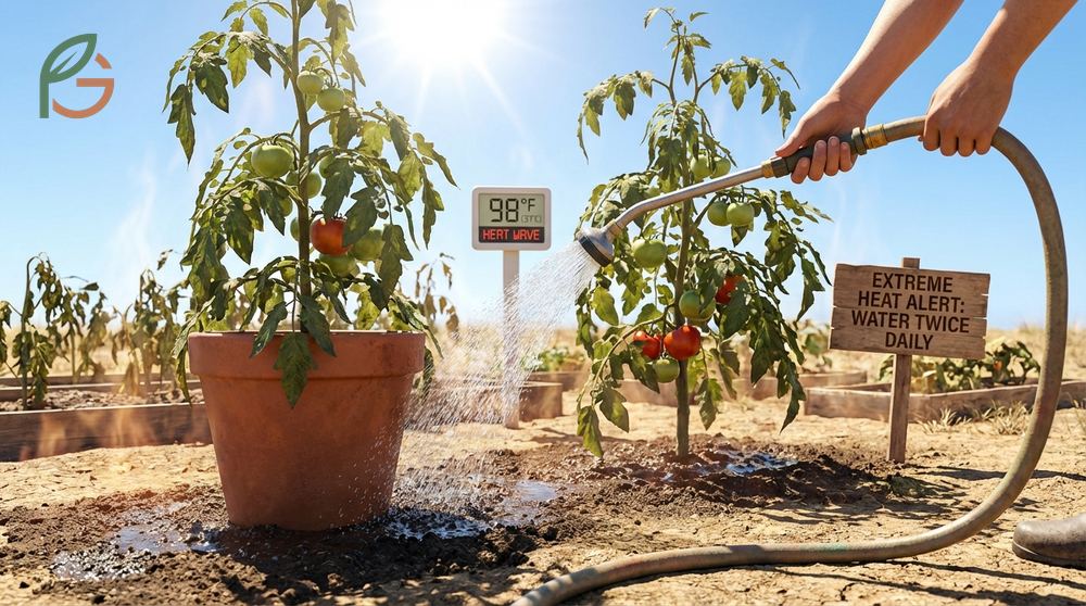 Watering tomatoes in heat wave requires twice daily sessions when temps hit 90 degrees to prevent heat stress.