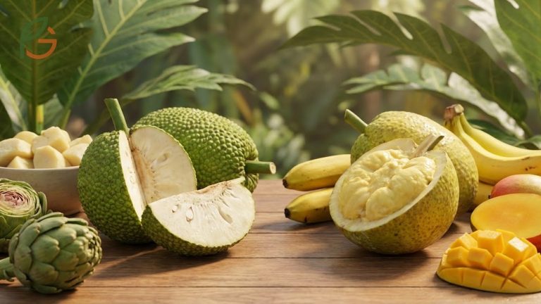 Unripe breadfruit flavor comparison to artichoke and potato versus the sweet custard consistency of ripe fruit.