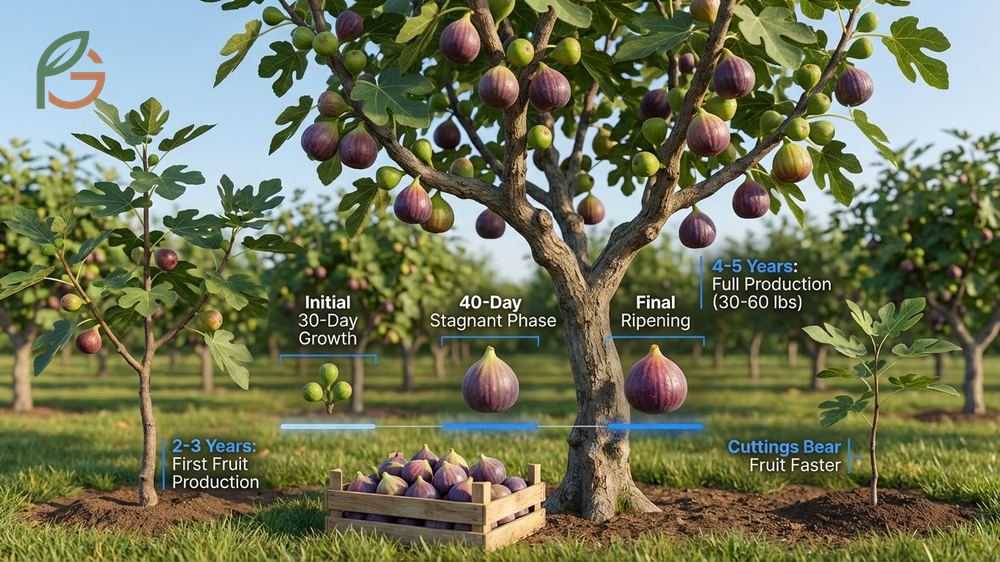 When do fig trees produce fruit timeline indicating years to maturity and seasonal growth stages.