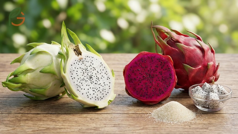 White vs red dragon fruit taste differences showing red varieties contain 50 percent more sugar than white types.