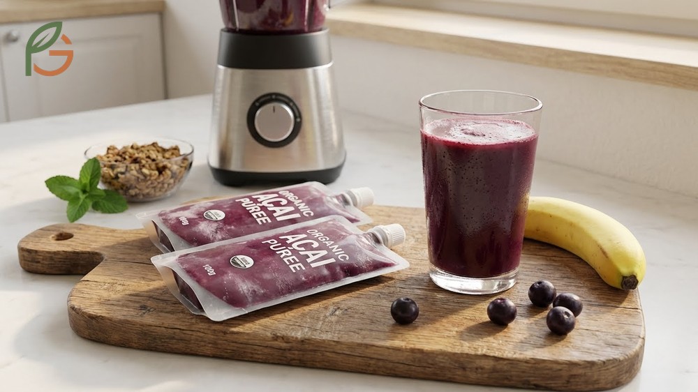 Acai juice recipe using two 100g frozen packets blended with banana and water for 16 ounces.