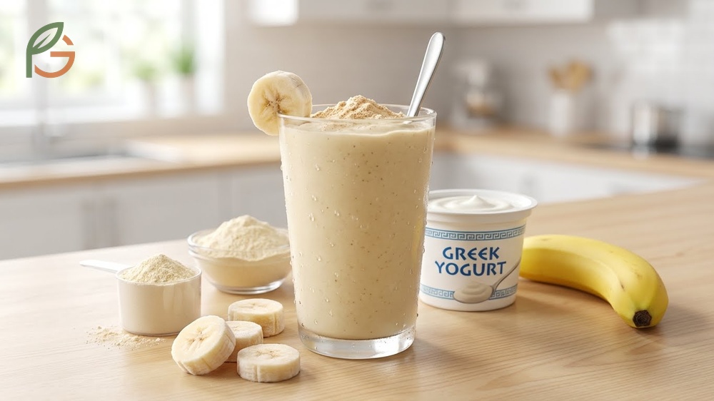 Banana protein smoothie recipe combining greek yogurt and powder for over 30 grams of total protein.