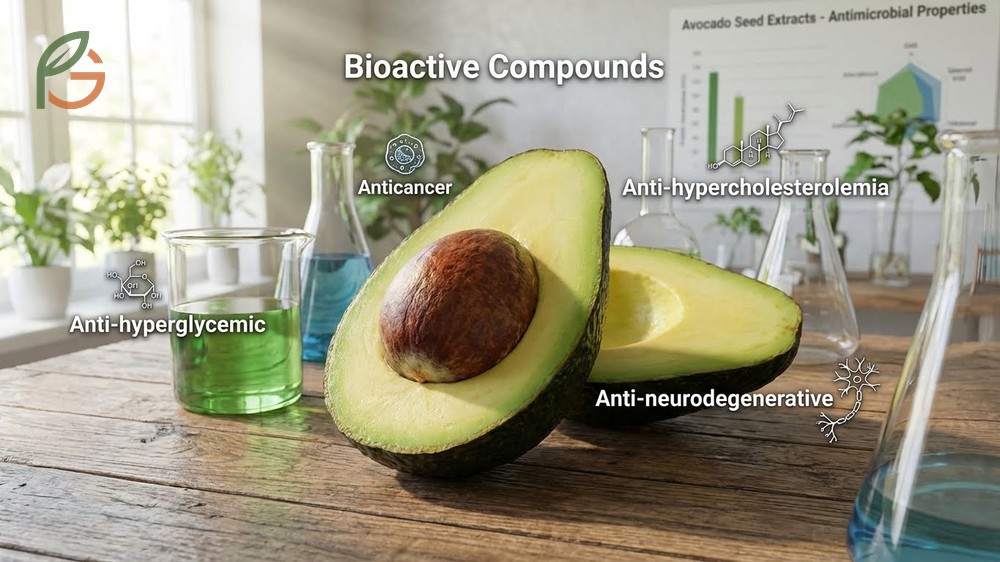 Benefits of avocado seed including high antioxidant capacity and soluble fiber for metabolic health support.