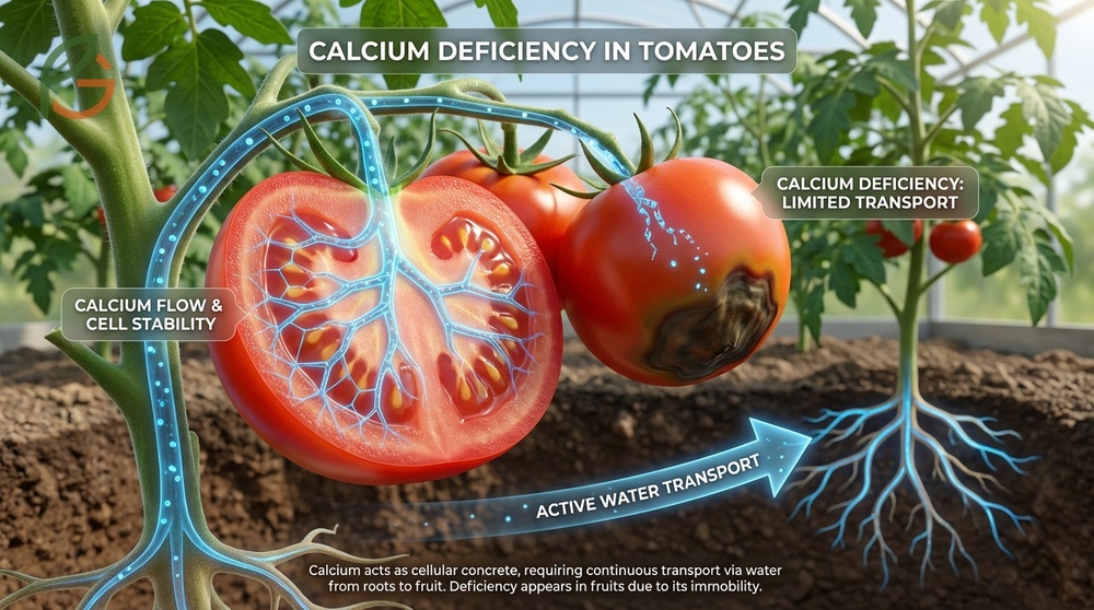 Comparison of healthy versus calcium deficient tomatoes illustrating the need for continuous nutrient uptake.