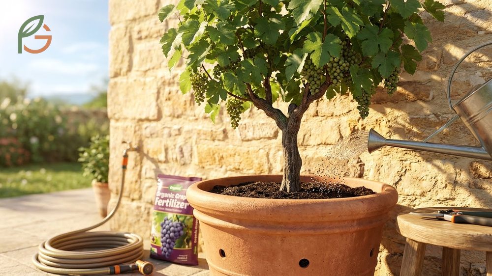 Potted grapevines need regular watering when the top soil dries and balanced fertilizer application every 2 to 3 weeks.