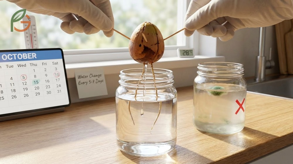Change water avocado seed frequency every 5 to 7 days to prevent mold growth and maintain oxygen levels for roots.