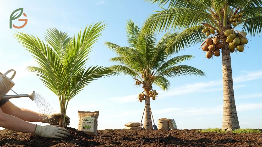 Coconut plant care routine showing correct watering and fertilization needs for young and mature palms.