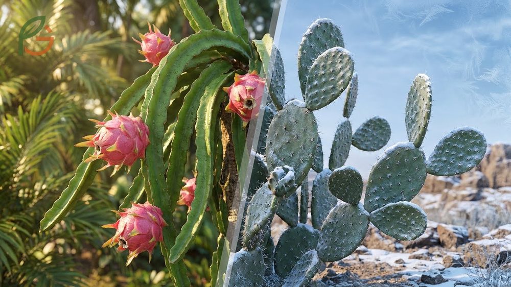 Cold tolerance in cactus comparing tropical dragon fruit sensitivity to freezing temperatures versus hardy desert species.