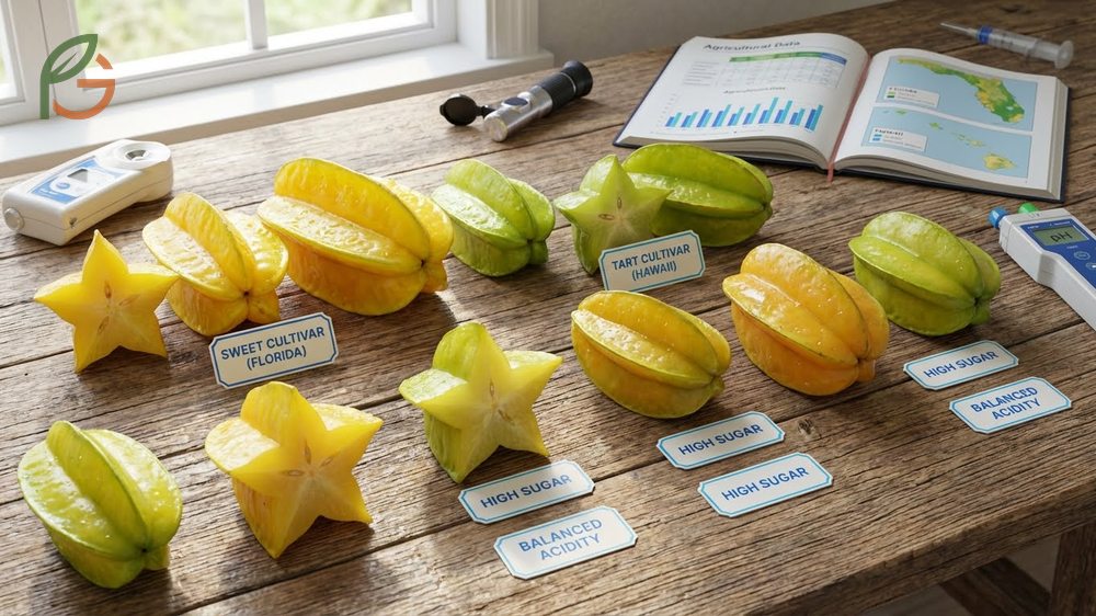 Comparing starfruit flavors reveals distinctions between sweet Arkin varieties and larger tart Thai cultivars.