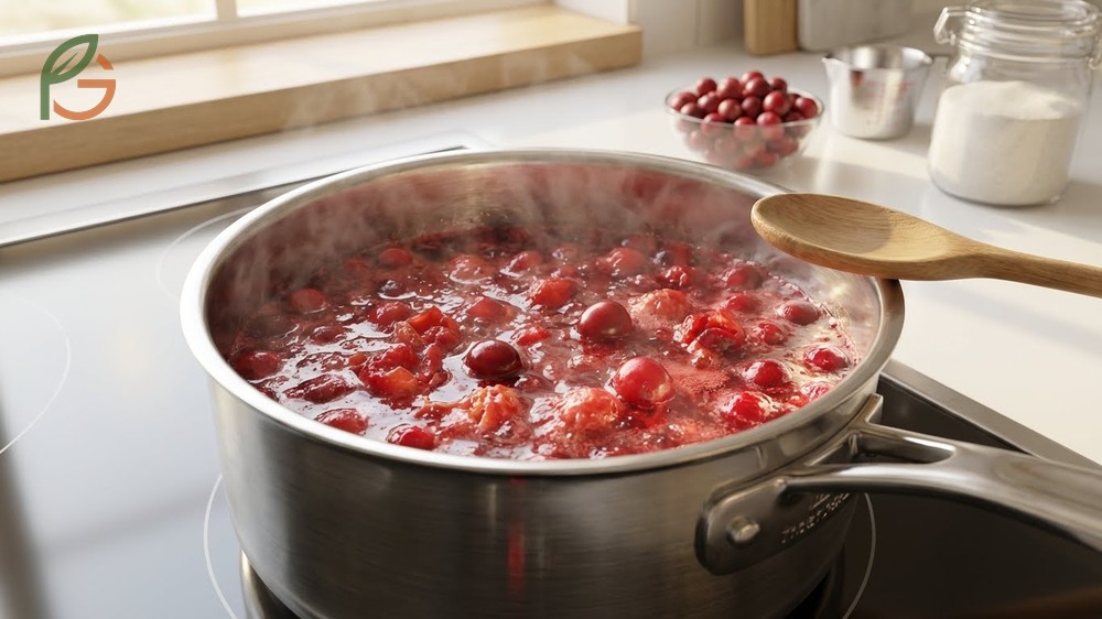 Cooking cranberry sauce requires simmering for ten to fifteen minutes until berries burst and release juice.