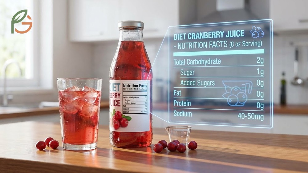 Diet cranberry juice nutrition label lists 2 grams of carbohydrates and vitamin C fortification per serving.
