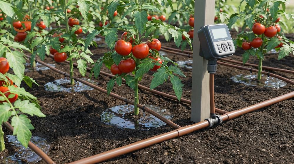 Drip irrigation for tomatoes delivers water directly to roots and reduces water usage to 4 liters per kilogram.