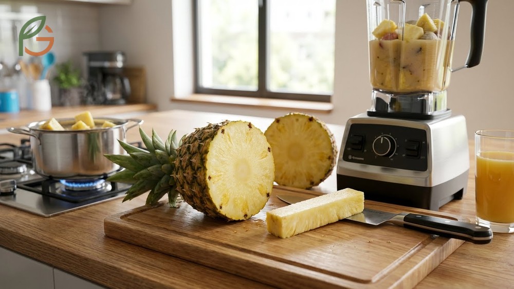 Pineapple core edible qualities include a crunchy fibrous texture and mild flavor perfect for blending.