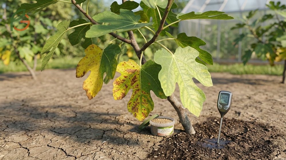 Fig tree leaves turning yellow due to improper watering, nitrogen deficiency, or fungal diseases like fig rust.