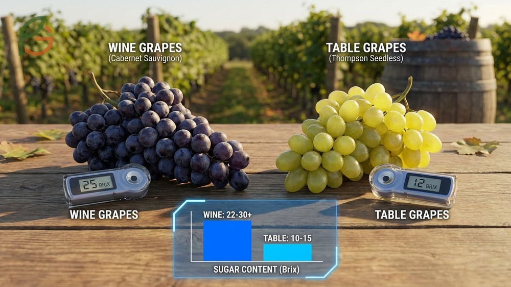 Sugar content comparison reveals wine grapes reach 25 Brix while table grapes harvest at 15 Brix.