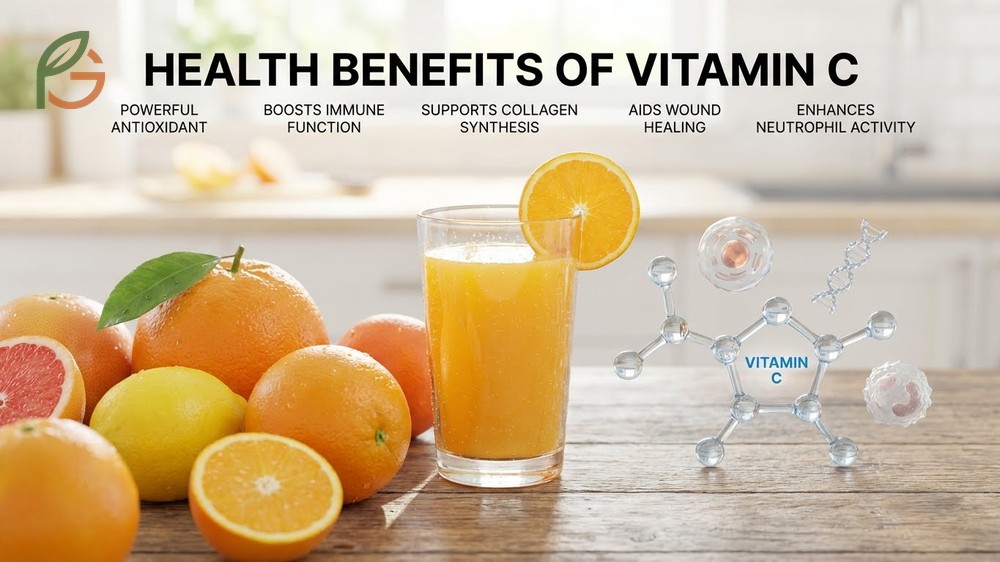 Health benefits of vitamin c from strawberries explaining immune support and collagen synthesis improvements.