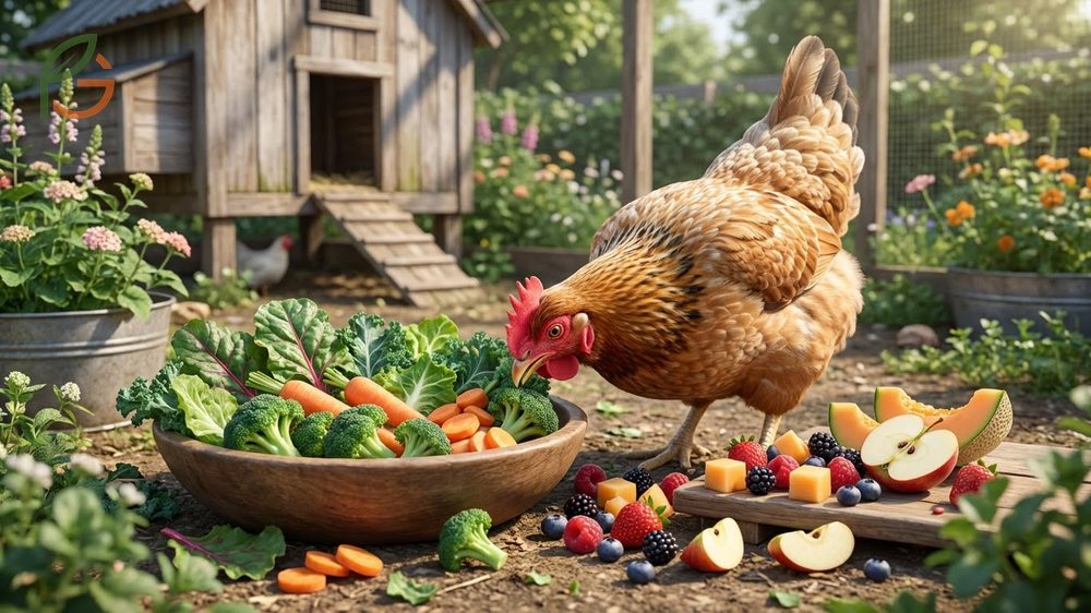 Variety of healthy treats for chickens including leafy greens and vegetables alongside commercial feed.