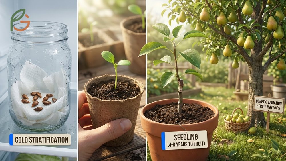 How to grow a pear tree from seed starts with cold stratification at 40 degrees Fahrenheit for three months.