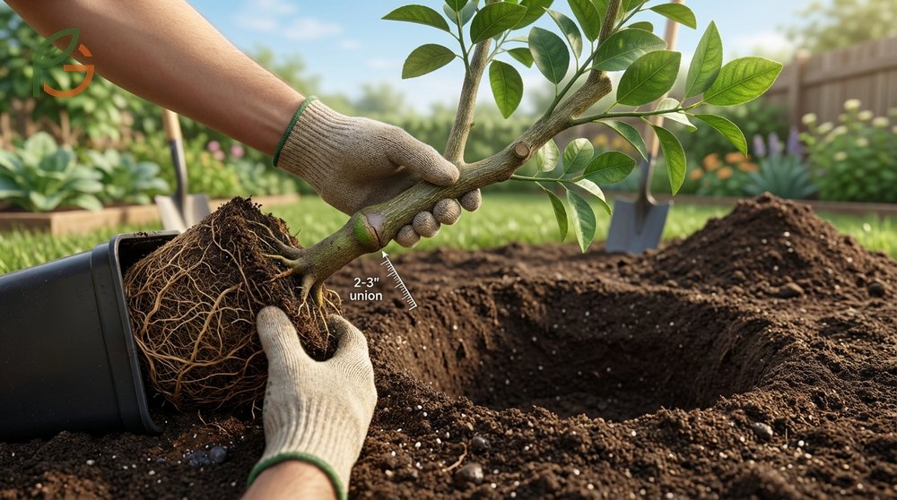 How to plant a lime tree involves digging a wide hole for the root ball and positioning the graft union safely above the soil line.