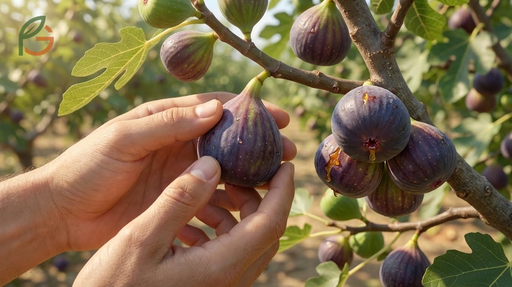 How to tell if a fig is ripe using visual cues like drooping neck and skin color changes.