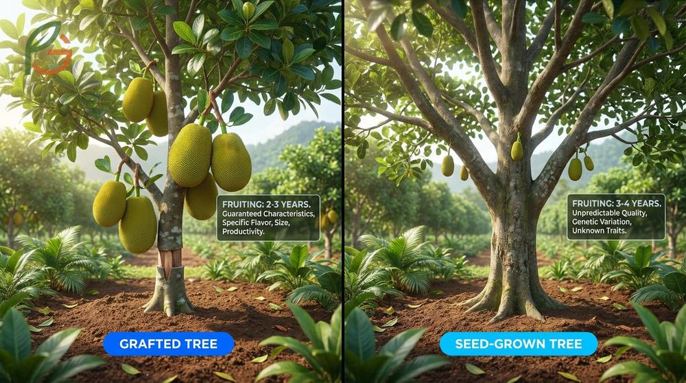 Jackfruit grafting vs seed comparison highlighting the 1-2 year difference in fruiting time between methods.