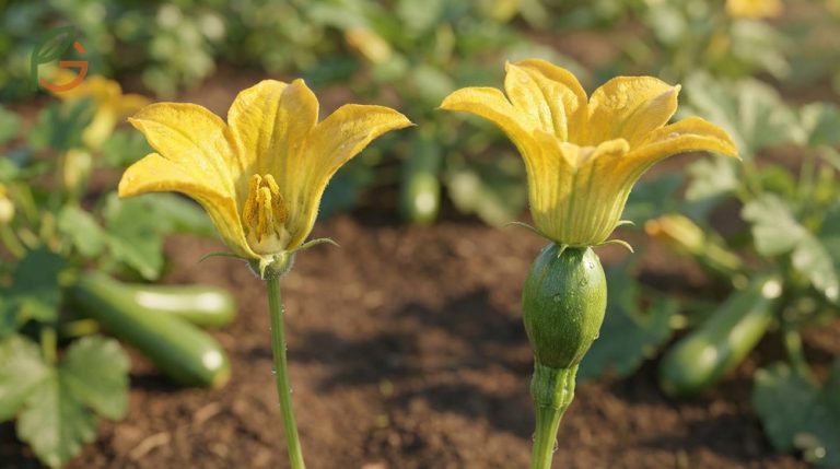 Male vs female zucchini flowers identified by stem thickness and internal structure for better pollination success.