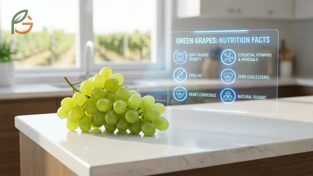 Nutrition facts of green grapes show 52 calories and zero fat per half-cup serving for healthy snacking.