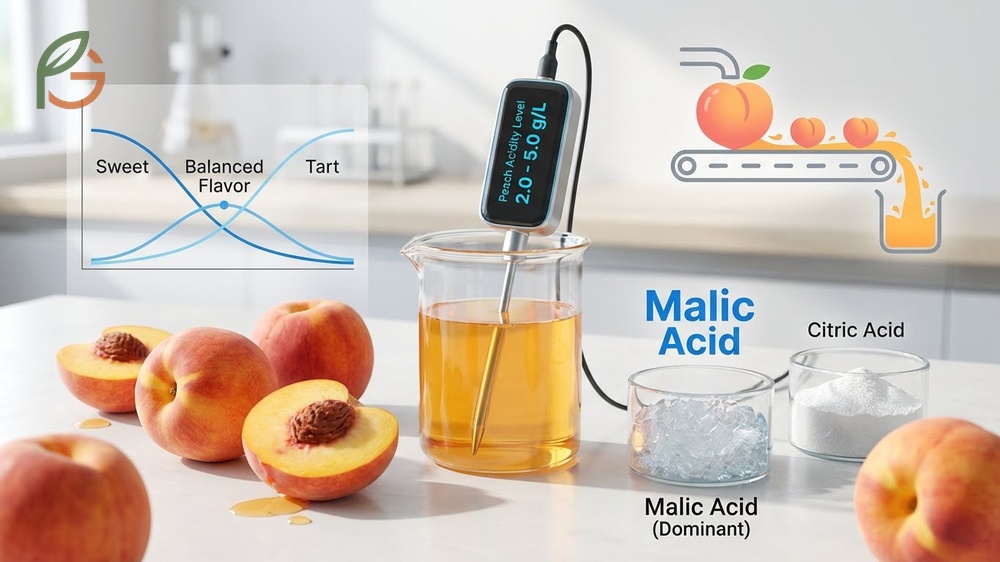 Peach acidity level is determined by malic and citric acid content which decreases as the fruit ripens and becomes sweeter.