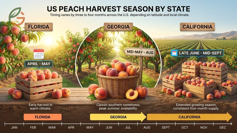 Chart showing peach harvest timelines ranging from Florida in April to California extending through mid September.
