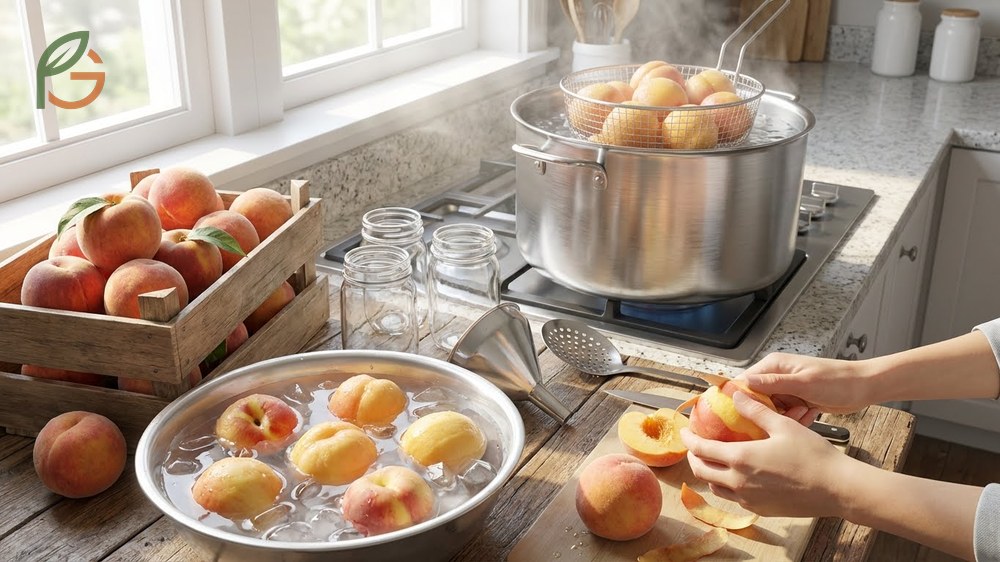 How to peel peaches for canning large batches of 10 to 25 pounds by blanching for 40 to 60 seconds.