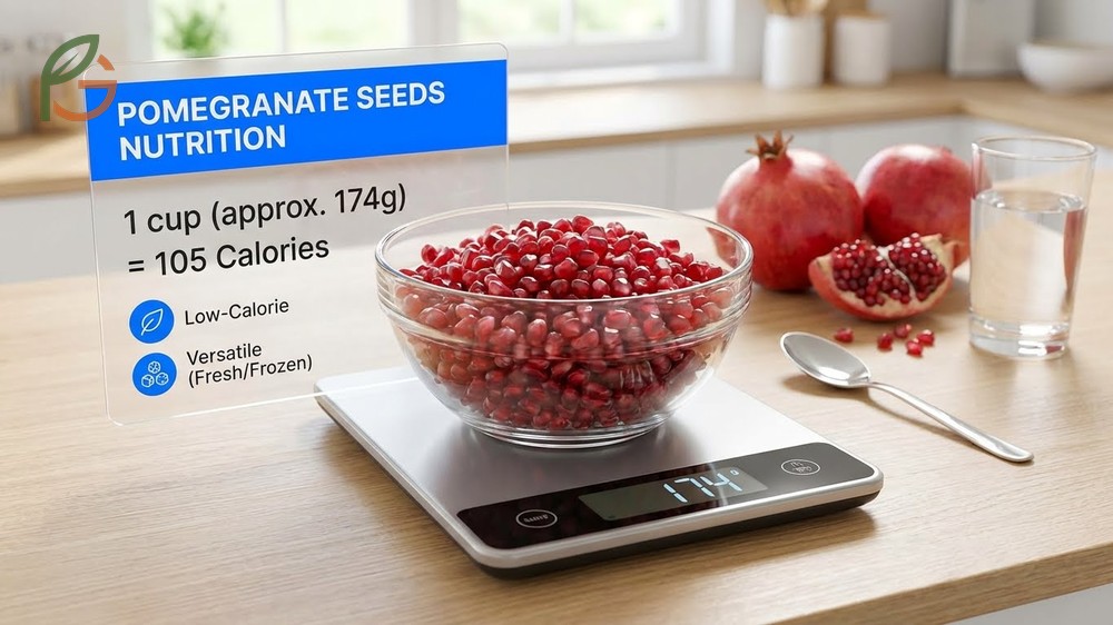 Pomegranate seeds nutrition facts showing 105 calories per cup with essential vitamins and minerals.