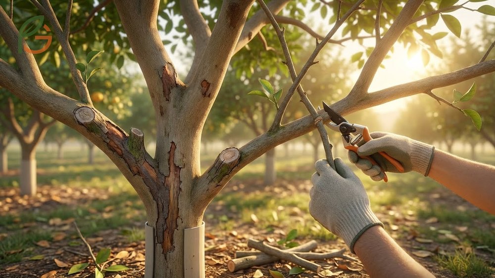 Pruning grapefruit trees focuses on removing dead wood and opening the canopy for better air circulation.