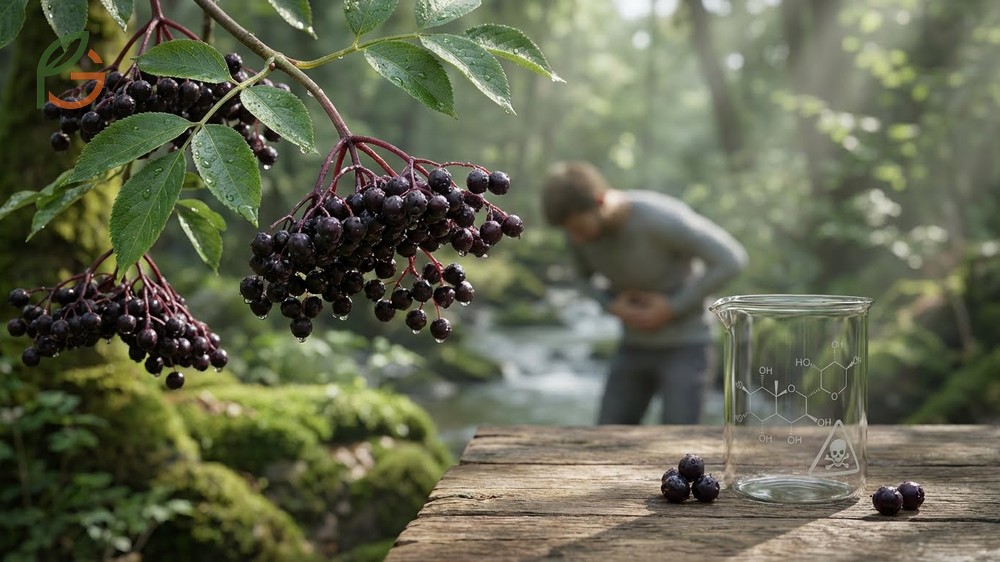Raw elderberry toxicity is caused by cyanogenic glycosides found in leaves and unripe berries at 3mg per 100g.