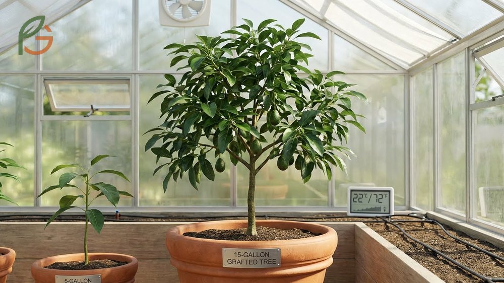 Speeding up avocado growth requires optimal temperature management and planting established nursery trees.