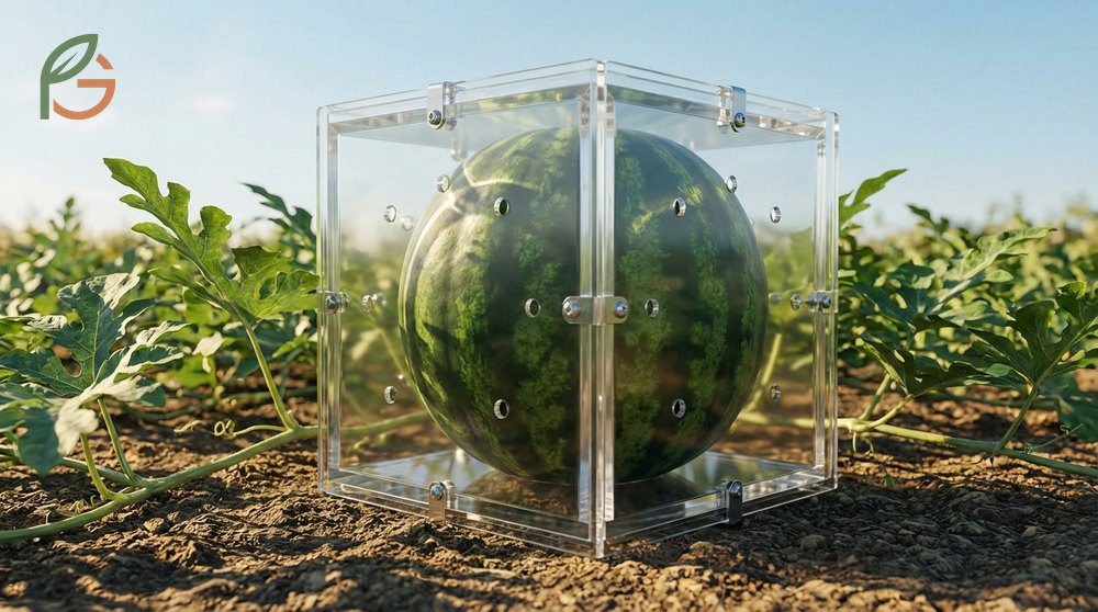 Square watermelon mold made of polycarbonate measuring 6 to 8 inches with ventilation holes prevents fungal growth.