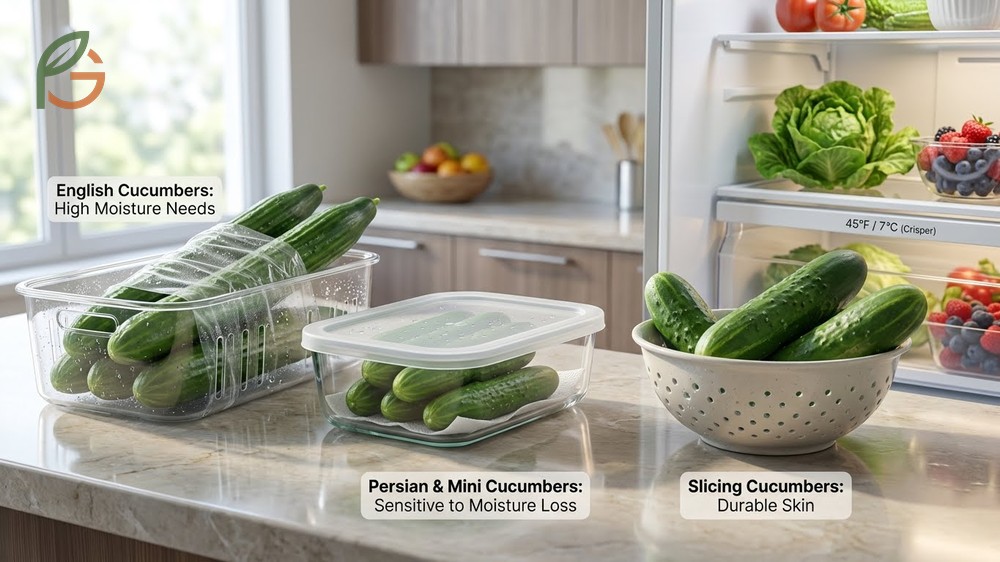 Storing different cucumber varieties requires specific care like keeping English cucumbers wrapped to prevent rapid dehydration.