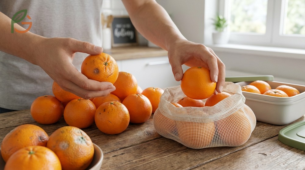 Storing mandarins fresh requires sorting damaged fruit immediately to prevent mold spread to healthy oranges.