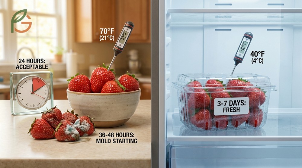 Comparison of strawberry freshness duration when stored at room temperature versus proper refrigeration methods.
