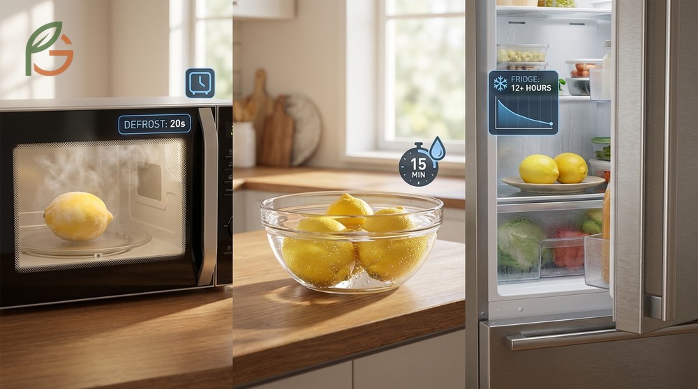 Thawing frozen lemons methods using microwave for 15 seconds or cold water for best texture.